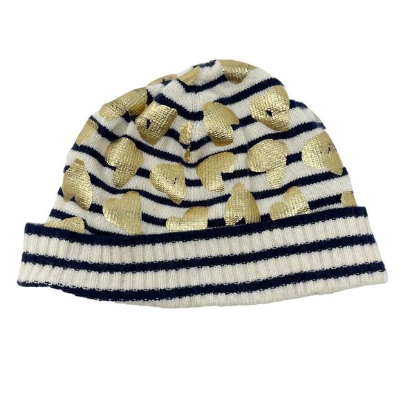 Crewcuts Girls S/M Cream Blue Gold Foil Striped Leopard Beanie Hat Wool Cashmere - Picture 1 of 8